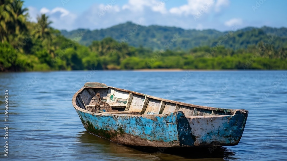 Old Wooden Boat on Calm Water with Lush Green Landscape in Background for Nature and Travel Themes : Generative AI Old Wooden Boat on Calm Water with Lush Green Landscape in Background for Nature and Travel Themes : Generative AI
