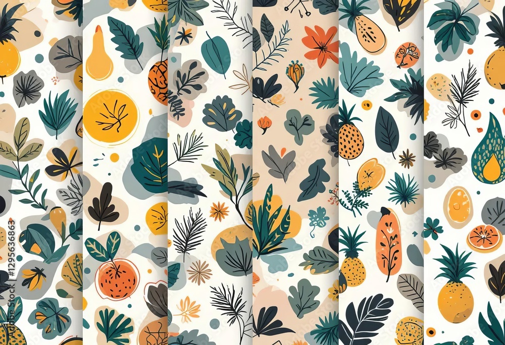 A collage of different abstract patterns with natural shapes and tropical fruit drawings A collage of different abstract patterns with natural shapes and tropical fruit drawings