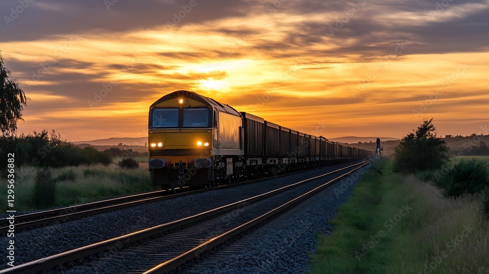 Fototapeta premium Freight Train Traveling on Railway Tracks During Stunning Sunset with Dramatic Sky : Generative AI