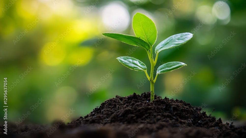 Young green plant emerging from dark soil surrounded by blurred greenery in a natural setting : Generative AI Young green plant emerging from dark soil surrounded by blurred greenery in a natural setting : Generative AI