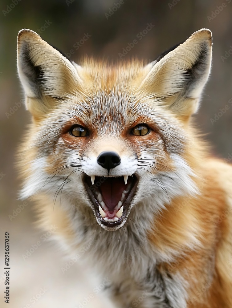 Obraz premium A fierce red fox showing its teeth while growling in nature's beautiful backdrop : Generative AI