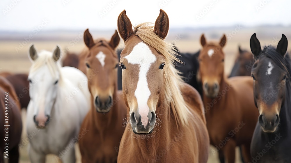 Fototapeta premium Stunning herd of beautiful horses posing together on a vast field during cloudy weather : Generative AI