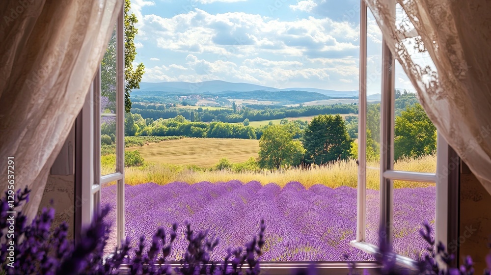 Fototapeta premium A stunning view of vibrant lavender fields seen through a window with open curtains, showcasing the splendor of nature