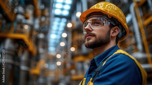 Young Worker in Safety Gear Observing Industrial Environment, Wearing Hard Hat and Protective Glasses, Focused on Future Opportunities in Manufacturing Sector