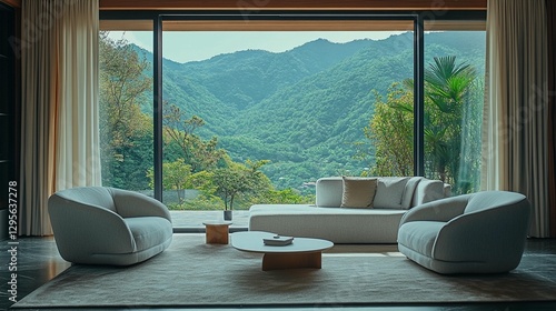 Modern living room with mountain view. photo