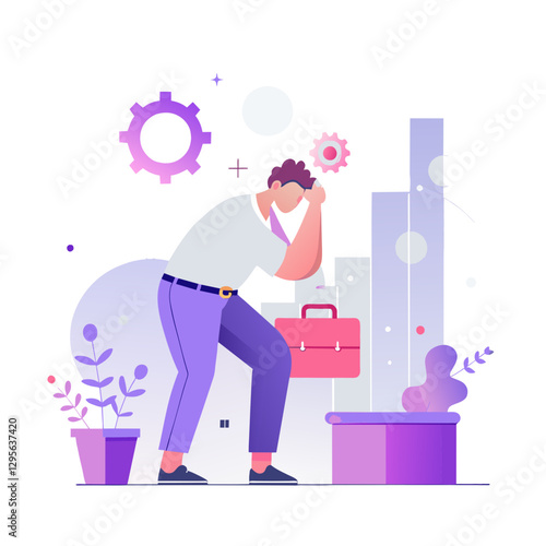 Stressed young male professional in casual business attire, hunched over with head in hands, carrying a briefcase in an urban setting. Frustrated business person in a city office environment.