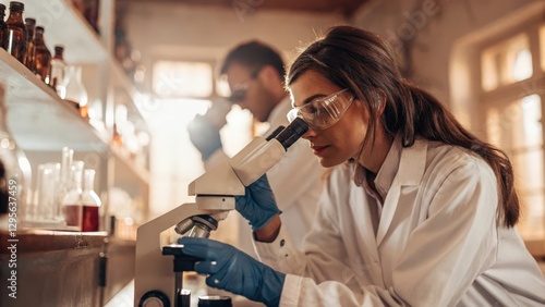 young female scientist looking at a microscope