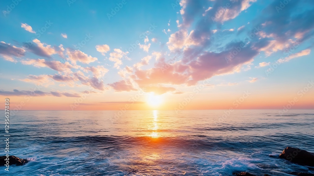 Obraz premium Stunning Sunrise Over the Ocean with Beautiful Clouds Lighting Up the Sky : Generative AI