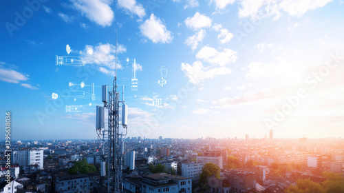 communication antenna on high rooftop overlooking city skyline, with bright sky and digital elements symbolizing connectivity