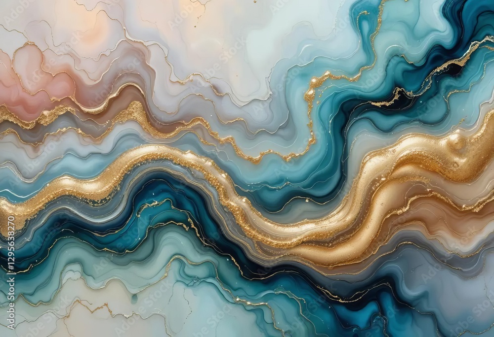 An abstract painting with fluid golden swirls and transparent waves in shades of blue, green, and purple An abstract painting with fluid golden swirls and transparent waves in shades of blue, green, and purple