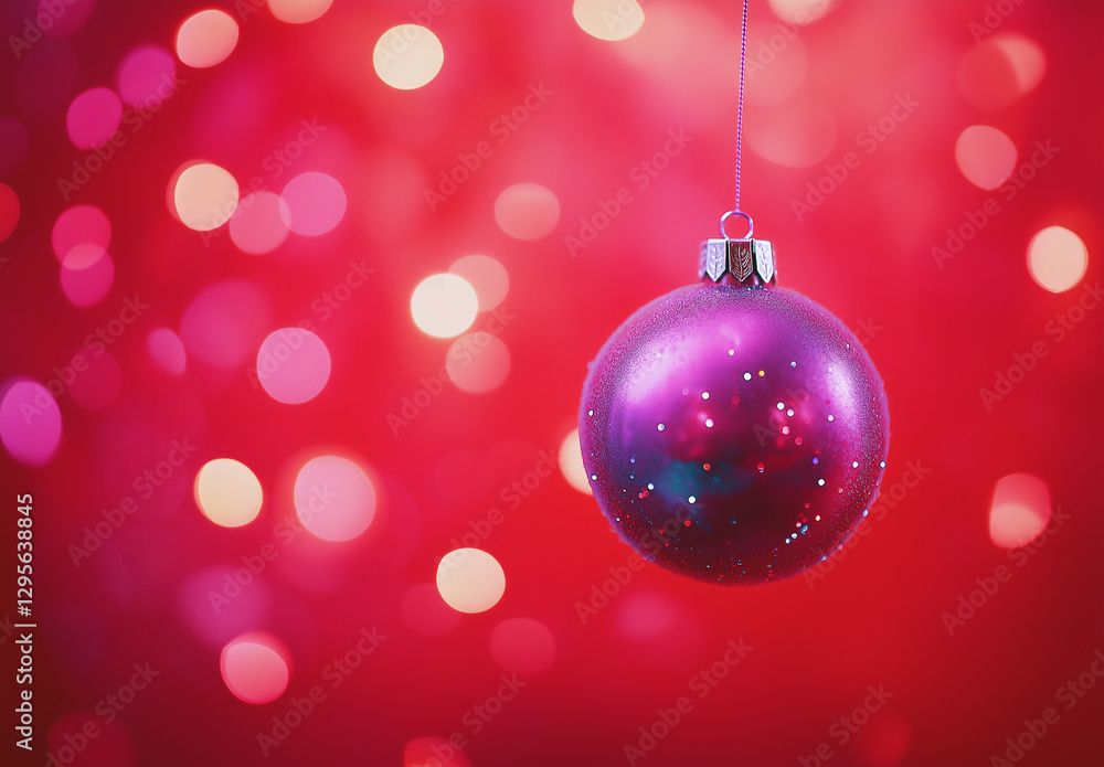 Obraz premium Close-up of a Christmas tree decoration with a pink ball hanging on it, against a red background with blurred lights and bokeh in the background