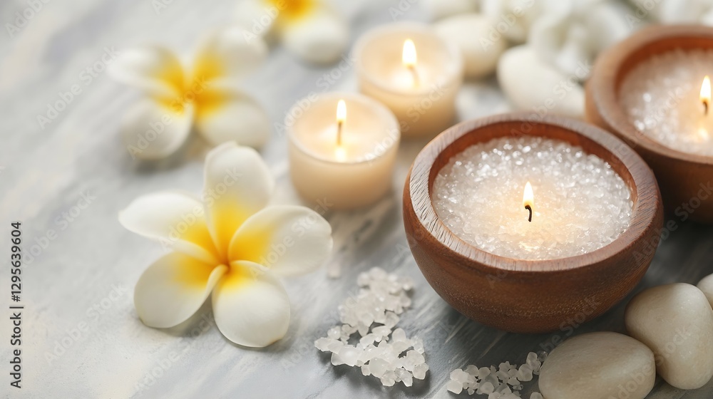 Calming Spa Scene with Fragrant Candles Natural Sea Salt and Beautiful White Flowers for Relaxation : Generative AI Calming Spa Scene with Fragrant Candles Natural Sea Salt and Beautiful White Flowers for Relaxation : Generative AI
