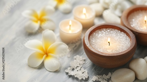 Calming Spa Scene with Fragrant Candles Natural Sea Salt and Beautiful White Flowers for Relaxation : Generative AI