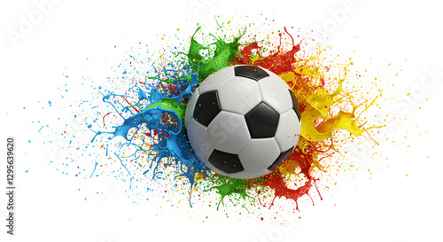 Soccer Ball Exploding with Vibrant Colorful Paint Splashes on White Background