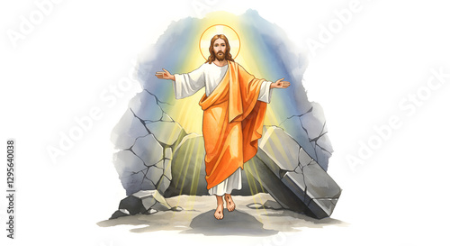 Jesus Christ Emerging from Tomb Depicted in Watercolor Illustration Style