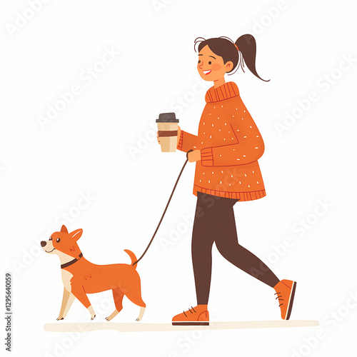 A young woman walks her dog while carrying a to-go coffee cup. A relaxed, healthy lifestyle in simple vector art style.