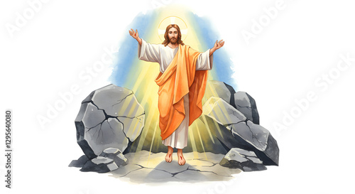 Jesus Christ Resurrection with Open Arms Surrounded by Stone Illustration