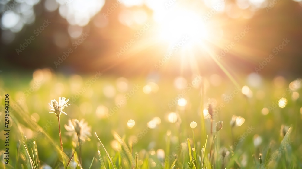 Fototapeta premium Golden sunlight shining through grass and flowers creating a warm and inviting atmosphere : Generative AI
