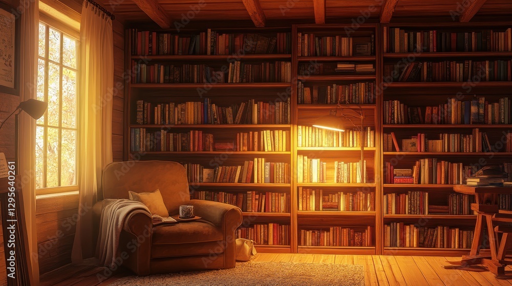 Cozy reading nook with warm light illuminating bookshelves and a comfortable chair in a rustic wooden room Cozy reading nook with warm light illuminating bookshelves and a comfortable chair in a rustic wooden room