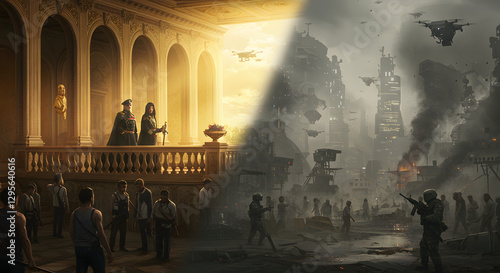 Dystopian contrast ruling class versus war torn city with technology