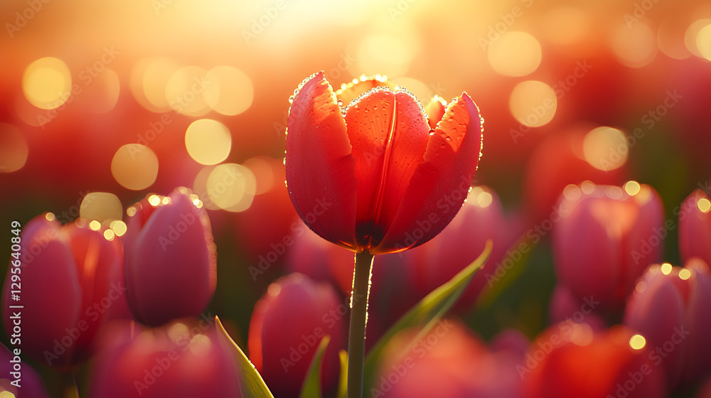 Obraz premium A red tulip with dewdrops in warm bokeh
