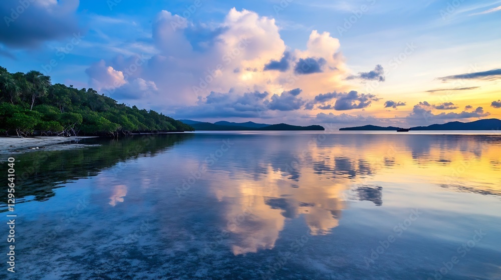 Fototapeta premium Serene View of Tropical Sunset Reflecting on Calm Water Surrounded by Lush Greenery and Islands : Generative AI