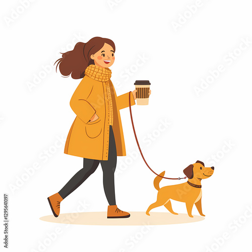 A woman in a yellow coat walks a dog, holding a coffee cup. A perfect fall day for a stroll with her furry friend.  