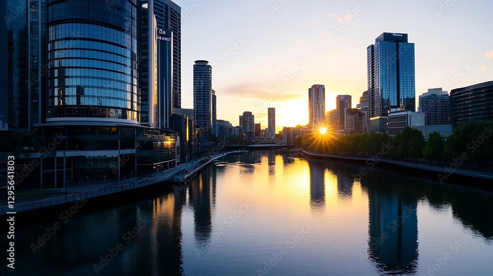 Obraz premium Urban skyline at sunrise illuminated by golden light reflecting off modern buildings : Generative AI