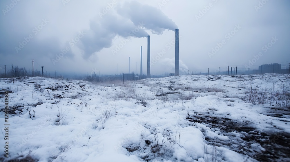 Industrial Landscape with Smokestacks Surrounded by Snow and Fog : Generative AI Industrial Landscape with Smokestacks Surrounded by Snow and Fog : Generative AI