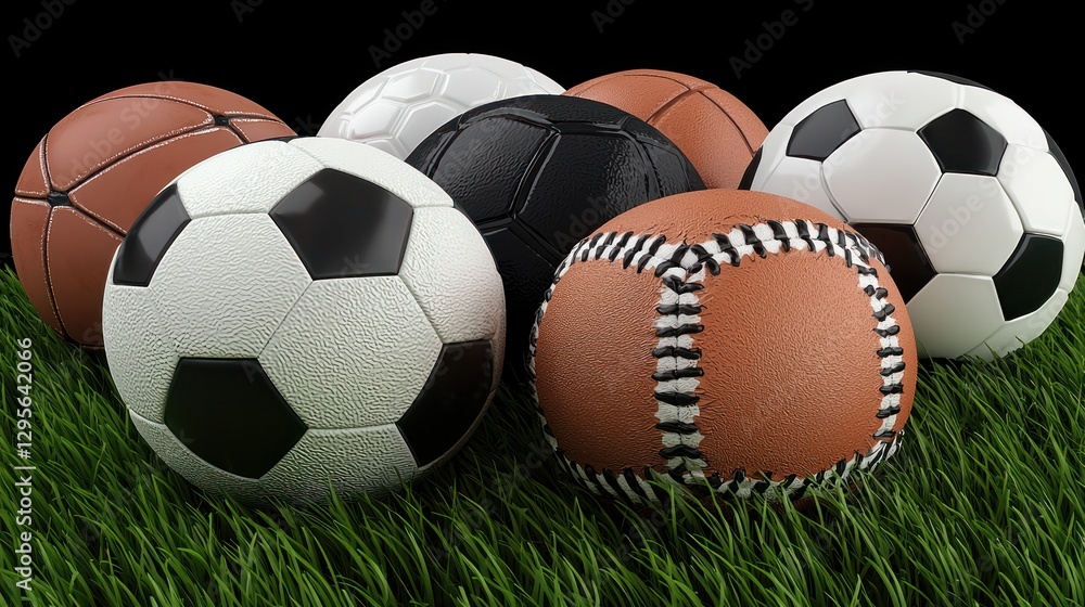 Group of sports balls on grass Group of sports balls on grass