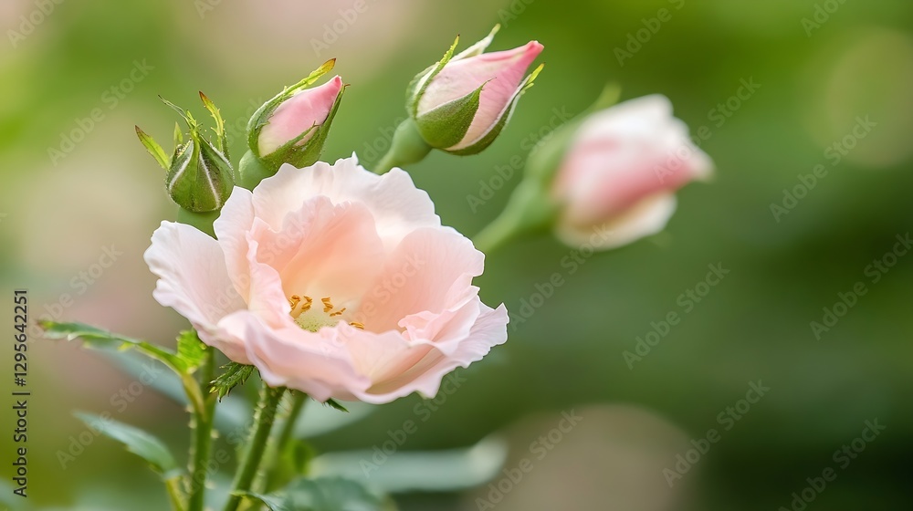 Delicate Pink Roses Blooming Under Soft Morning Light in a Lush Green Garden : Generative AI Delicate Pink Roses Blooming Under Soft Morning Light in a Lush Green Garden : Generative AI