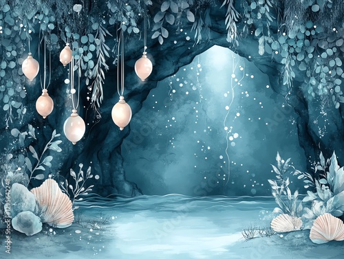 Enchanted Underwater Cave Fantasy Art Teal Background