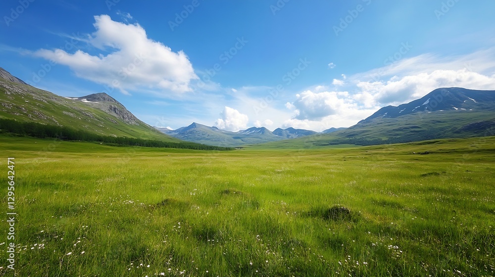 Vast green meadow surrounded by majestic mountains and blue sky with fluffy clouds above : Generative AI Vast green meadow surrounded by majestic mountains and blue sky with fluffy clouds above : Generative AI