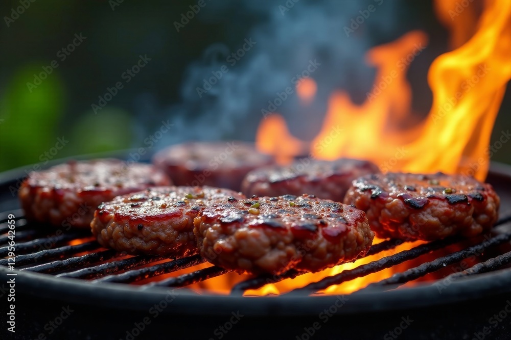 Charred beef burgers on fiery grill, smoke rising , charred, cuisine, grill Charred beef burgers on fiery grill, smoke rising , charred, cuisine, grill