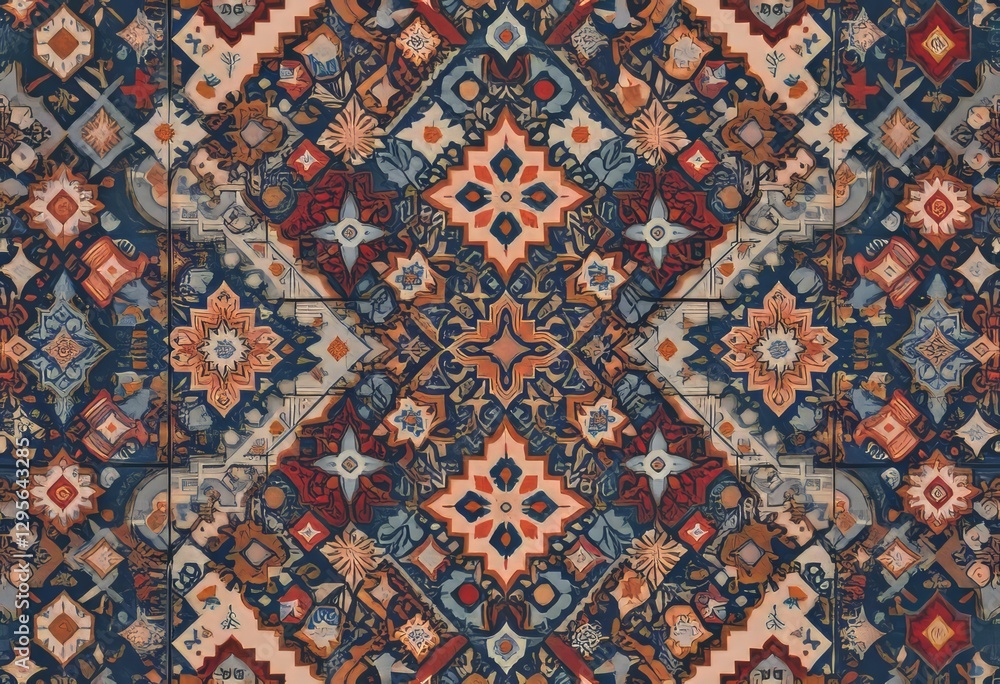 An abstract, colorful rug pattern with a boho style design An abstract, colorful rug pattern with a boho style design