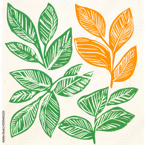 A collection of leaves illustrated with a linocut style in shades of green and orange on a white background.