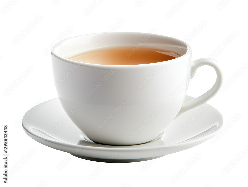 A simple white cup filled with brown liquid, accompanied by a matching saucer. A simple white cup filled with brown liquid, accompanied by a matching saucer.
