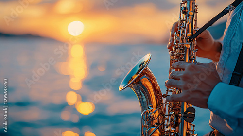 summer concerts music tickets. Saxophonist playing at sunset by the water.