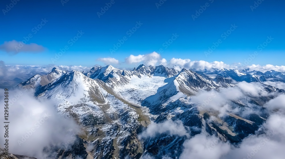 Aerial View of Majestic Snowy Mountain Range with Clouds : Generative AI Aerial View of Majestic Snowy Mountain Range with Clouds : Generative AI