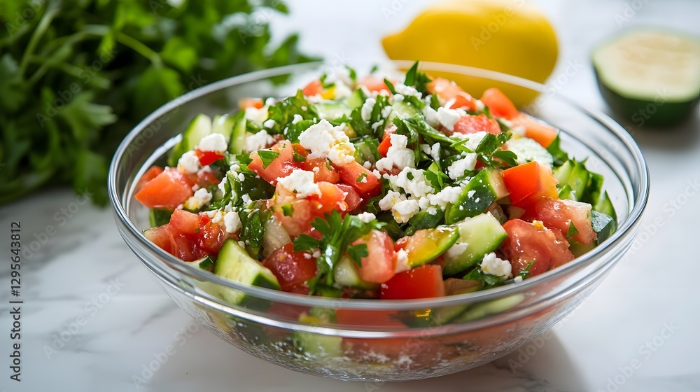 Amazingly vibrant Turkish salad served in a wide shallow glass bowl on a marble countertop. Generative AI Amazingly vibrant Turkish salad served in a wide shallow glass bowl on a marble countertop. Generative AI