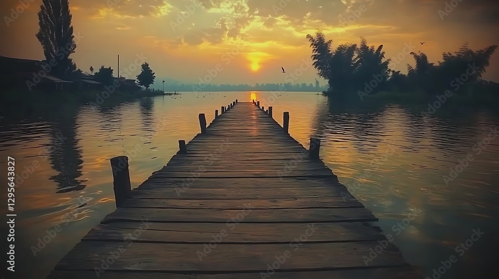 Obraz premium A wooden dock extends towards a serene lake during sunset