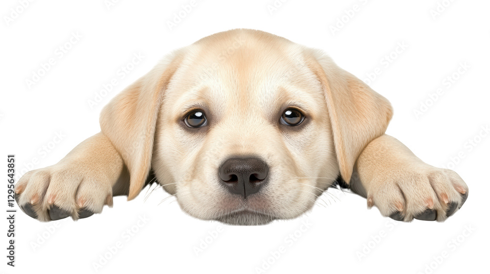 A soft, playful puppy rests its head on its paws, exhibiting a curious and adorable expression. A soft, playful puppy rests its head on its paws, exhibiting a curious and adorable expression.