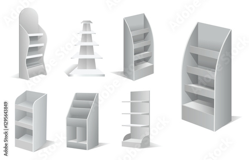 Set of Realistic Retail Store Display Shelving Units isolated on white  