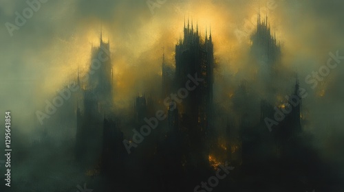 Wallpaper Mural Mysterious Dark Castle Shrouded in Mist and Fog with Eerie Lighting Creating an Enigmatic Atmosphere, Evoking Fantasy and Adventure in a Gothic Landscape Torontodigital.ca