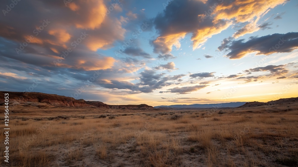 Obraz premium Vast Plains Under Colorful Sunset with Dramatic Cloud Formation : Generative AI