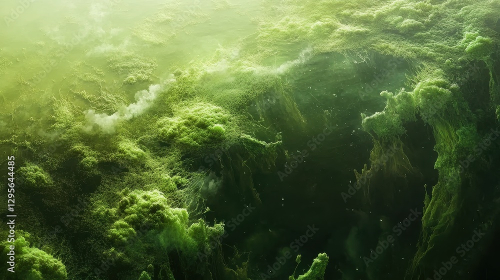 Fototapeta premium Vivid Green Abstract Landscape Featuring Organic Textures in a Wet Environment with Depth and Intricate Details