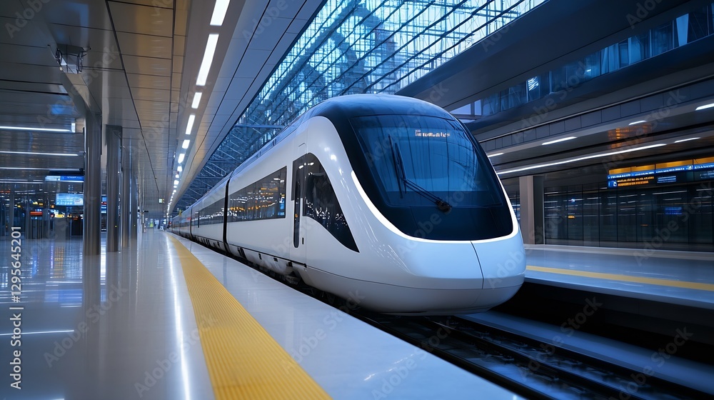 Fototapeta premium Modern High Speed Train Passing Through a Futuristic Airport Terminal with Glass Architecture : Generative AI
