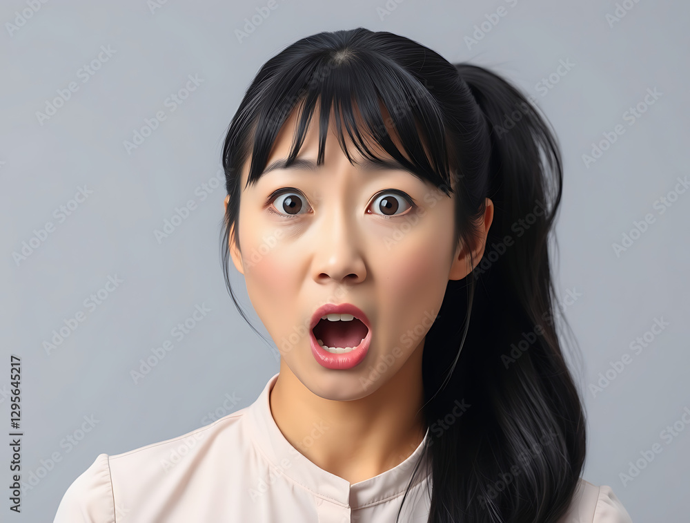Asian woman showing a surprised expression on a plain background Asian woman showing a surprised expression on a plain background