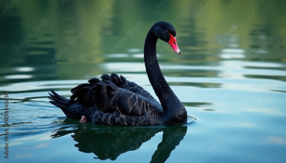 Obraz premium Black swan swimming, ripples on glassy lake surface, black swan, surface, calm water