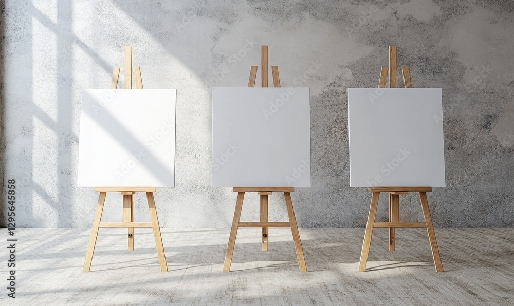 Empty canvases on easels in sunlit studio (1) Empty canvases on easels in sunlit studio (1)